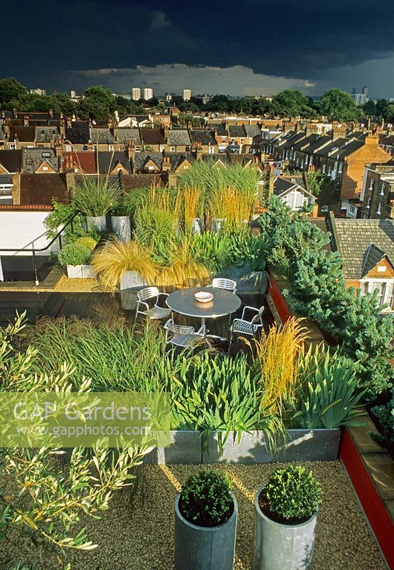 Contemporary urban roof garden with stormy sky - Containers of Buxus spheres and metal troughs planted with grasses used to divide garden - Bistro style table and chairs
