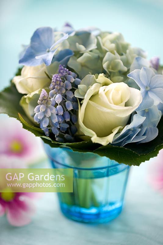 Small bouquet of Hydrangea, Roses and Muscari in blue glass vase