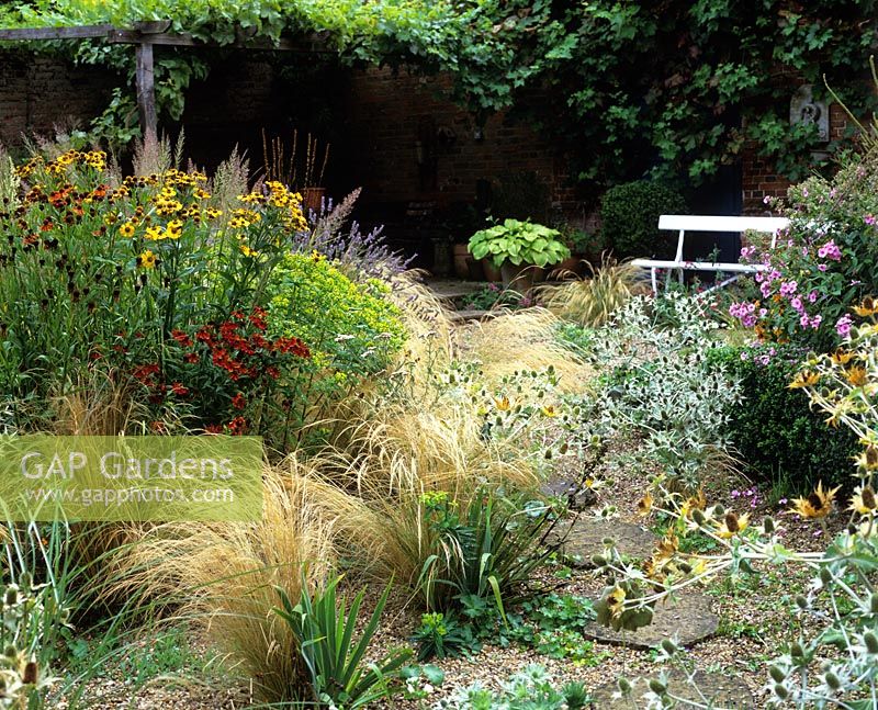Grass and perennial garden with white bench, Helenium, Eryngium and Stipa tenuissima