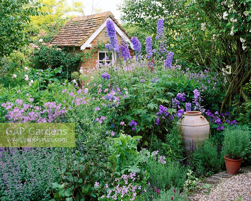 Blue border at The White House, Sussex with Geranium sylvaticum 'Mayflower', blue Delphiniums, Viola cornuta and a cretan pot