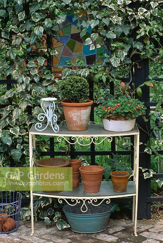 Terracotta pots on metal and glass etagere in front of ivy clad stained glass window