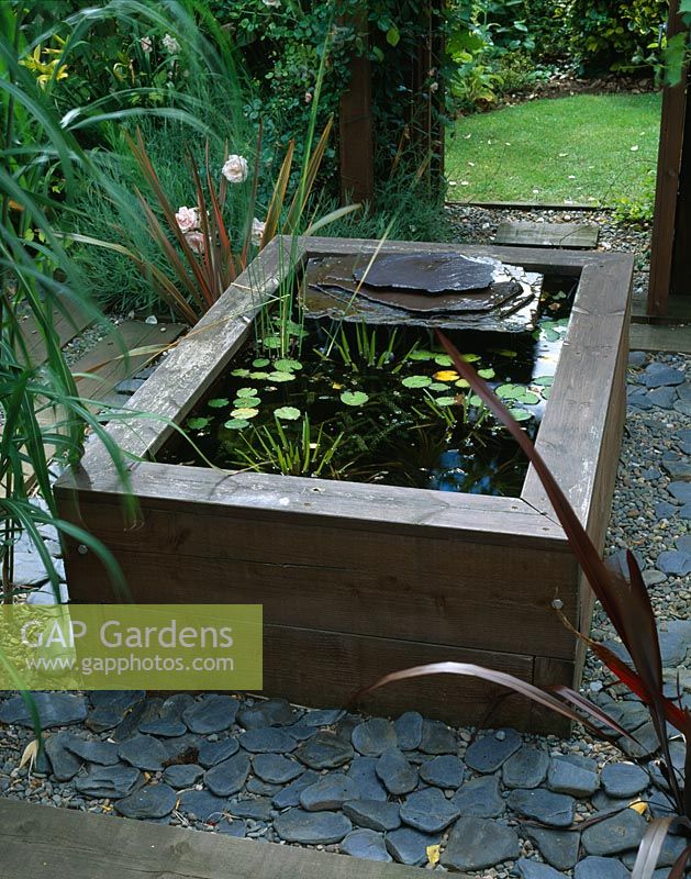 Raised wooden pond with Nymphaea and slate water feature