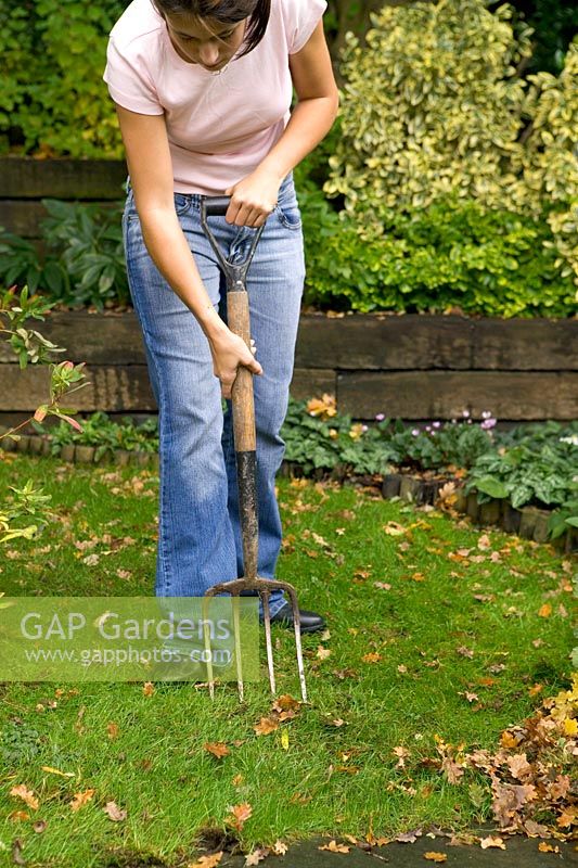 Girl using a garden fork to aerate a lawn in autumn