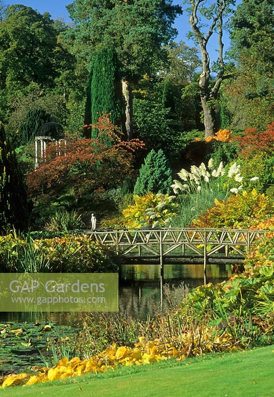 Bridge across pond with Cortaderia selloana in sloping garden - Cholmondeley Castle,  Chesire