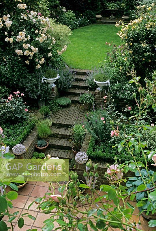 Urban garden view from above with steps and changing of levels