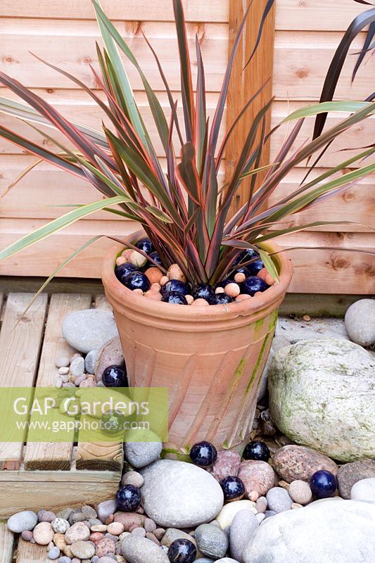 Potted Phormium with interesting pebbles and marbles at base - Nailsea, Somerset, UK 