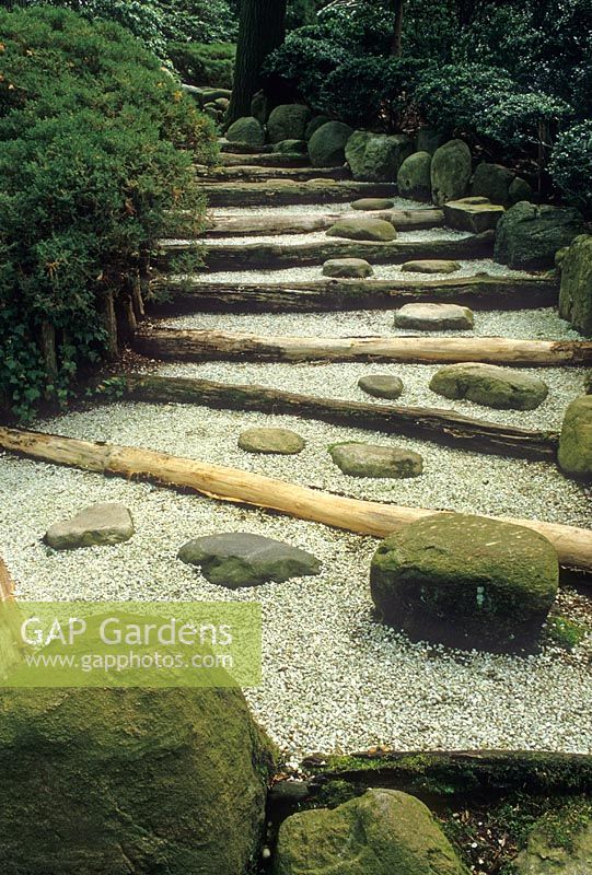 Japanese style garden with gravel steps and rocks - The John P Humes Japanese Stroll Garden, NYC, USA