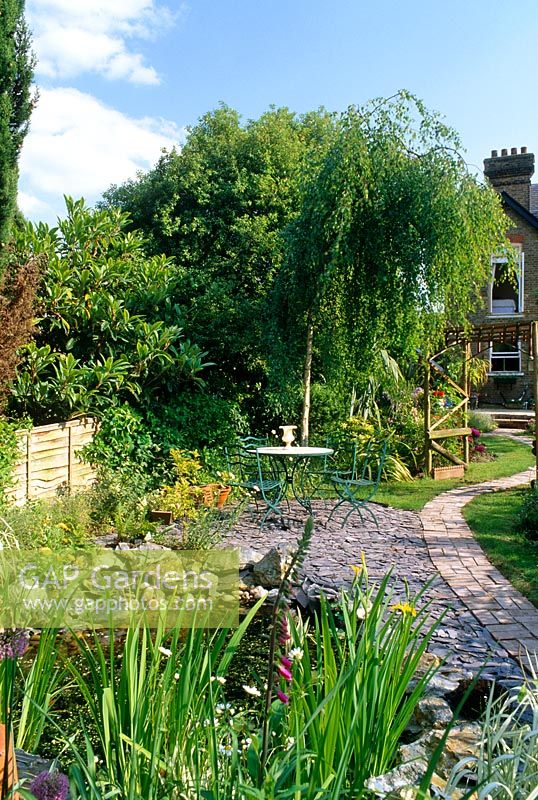 Urban garden with cafe style seating area, pond and Salix tree - Buckhurst Hill Essex 