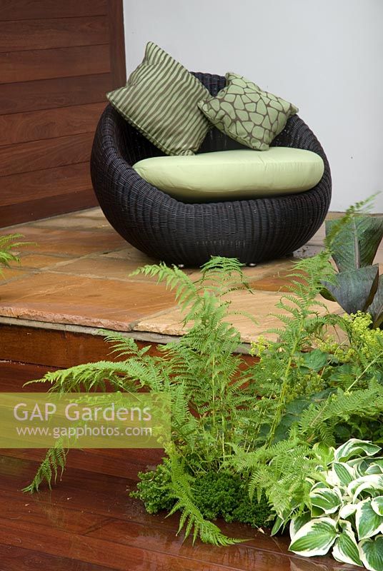 Contemporary seating area with Hostas and ferns - Formal Elements Garden, RHS Hampton Court Flower Show 2008