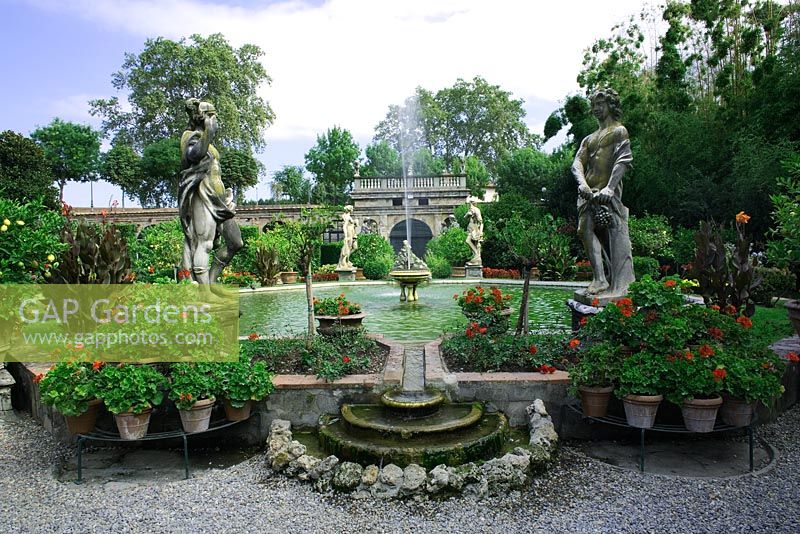 18th centuary Italian garden with statues representing Greek and Roman deities - Palazzo Pfanner, Lucca, Tusacany, Italy 