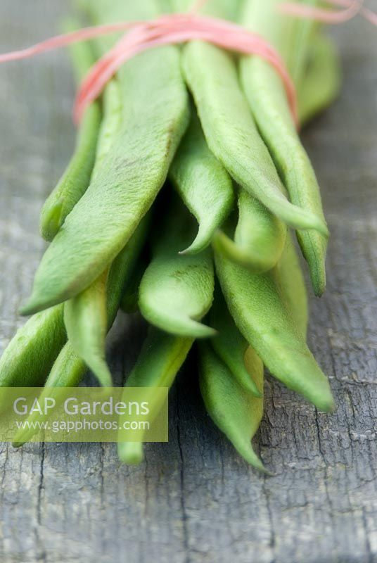 Runner beans on wooden surface