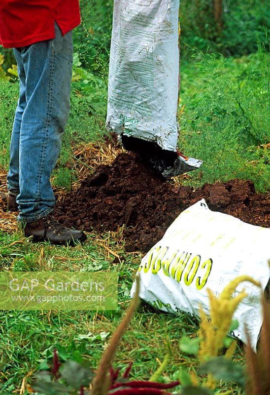 Emptying bag of compost