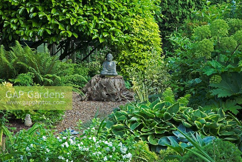 Stone statue of a Buddha sitting on an old tree stump in a woodland garden with Hosta 'Aureomarginata' and ferns