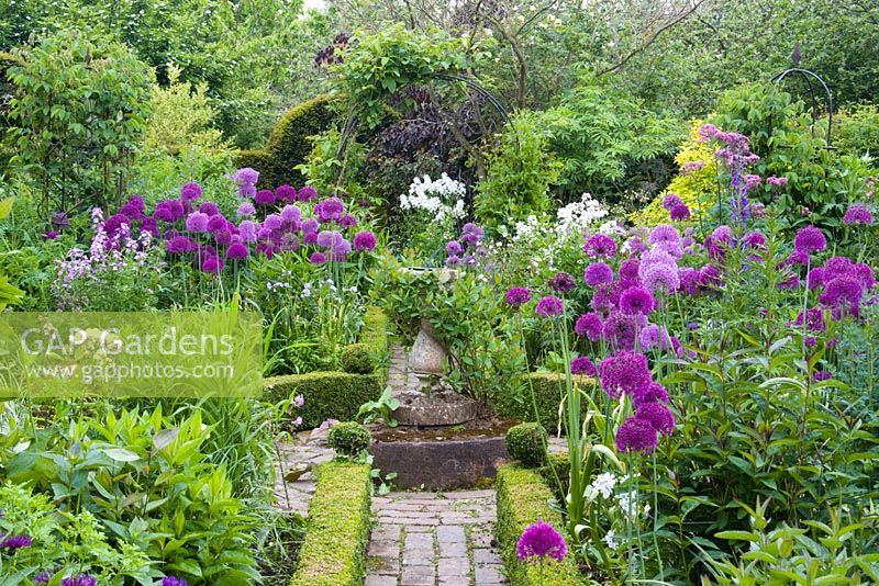 Brick path and sundial surrounded by borders with alliums including Allium hollandicum at Dial Park, Worcestershire.