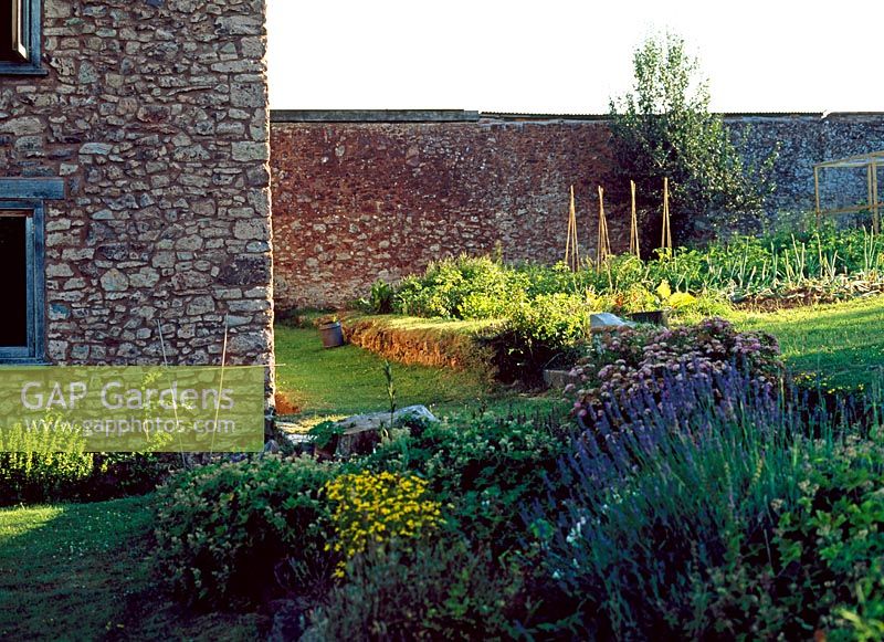 Mixed walled vegetable garden and flowerborder