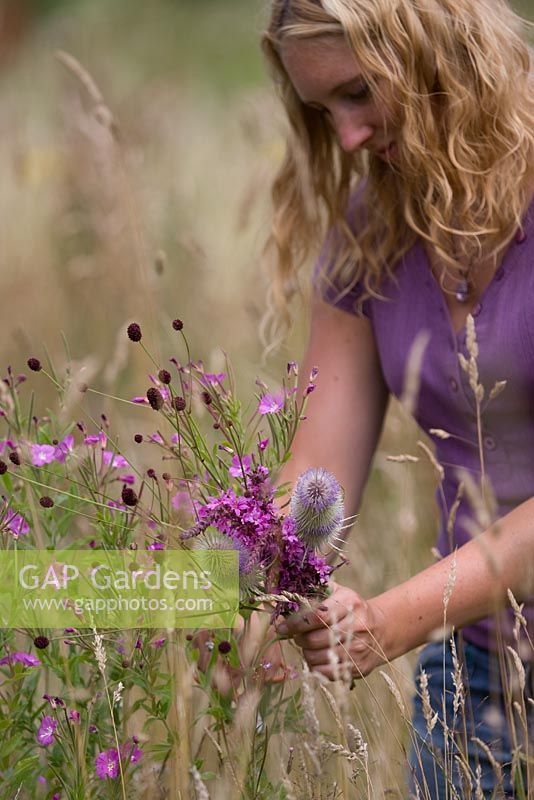 Woman gathering meadow flowers