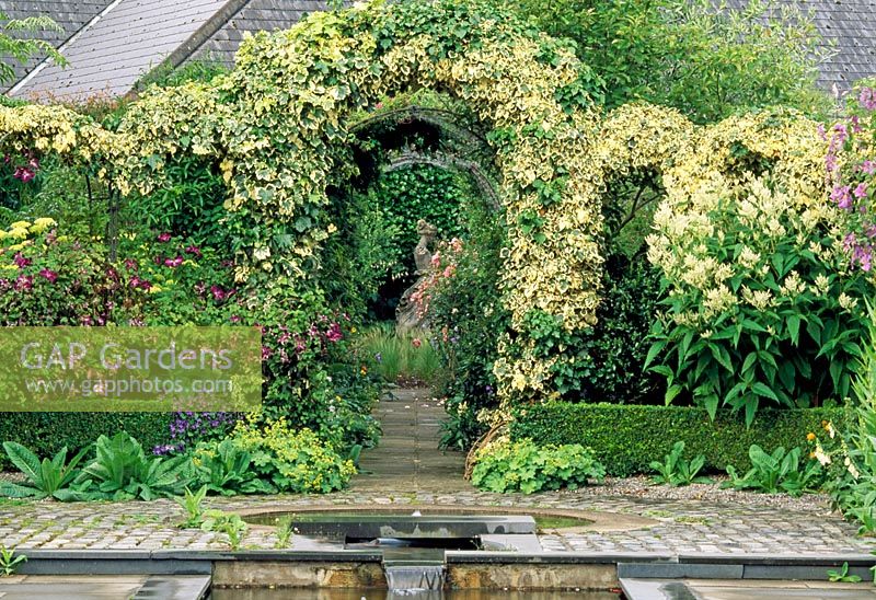 Far end of the canal with arches trained with variegated ivy with view down tunnel to statue of Diana. Alchemillia mollis at base of arches and Clematis 'Venosa Violacea' on lower part of each arch on left - The Dillon Garden, Dublin, Ireland