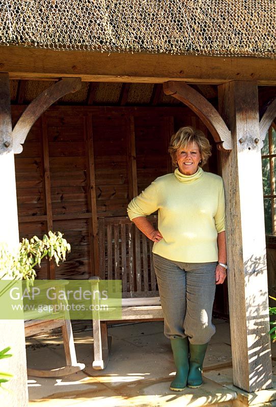 Judy Pearce in hut in formal garden - Lady Farm, Chelwood, Somerset 