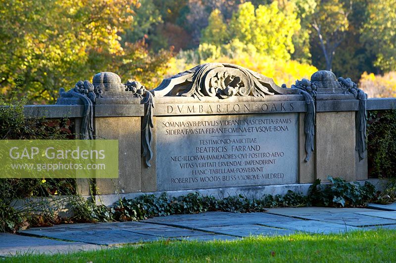 Stone inscribed with garden designers name Beatrix Farrand, Dumbarton Oaks, Washington DC