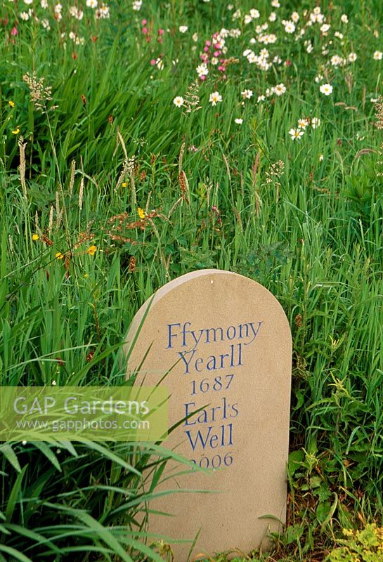 Placename 'Gravestone' by Catriona Cartwright in the Wild Garden. Veddw House Garden, June 2007.