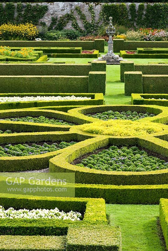 Looking down on the Great Garden at Pitmedden with colourful Buxus - Box -edged parterres infilled with annuals, stone ornament and herbaceous borders with trained apples on the walls behind. Owner - The National Trust for Scotland