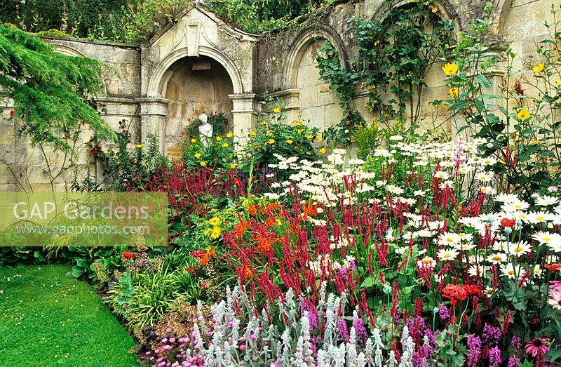 Border above the croquet lawn of Cosmos 'Gazebo mixed', Crocosmia 'Lucifer', Stachys byzanmtia, Rudbeckia, Gladioli, Heuchera, Persicaria - Dewstow Gardens and Grottoes, Caewent, Monmouthshire, Wales