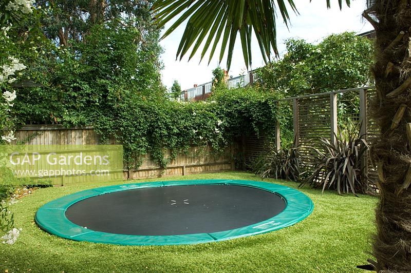 Contemporary urban garden with kids trampoline, wooden screen and plantings of Phormium 