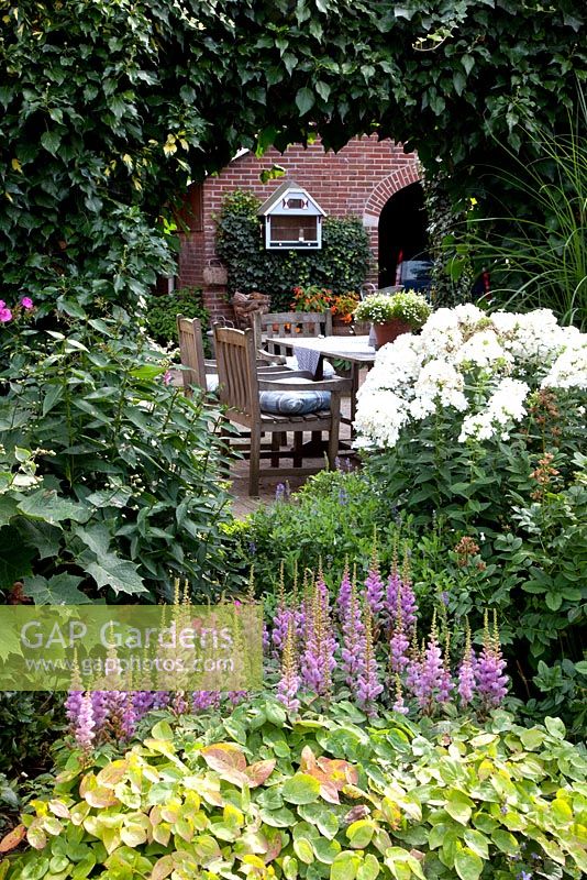Mixed border of Astilbe, Phlox paniculata 'Fujiyama' and Epimedium with view to seating area and house through ivy covered archway
