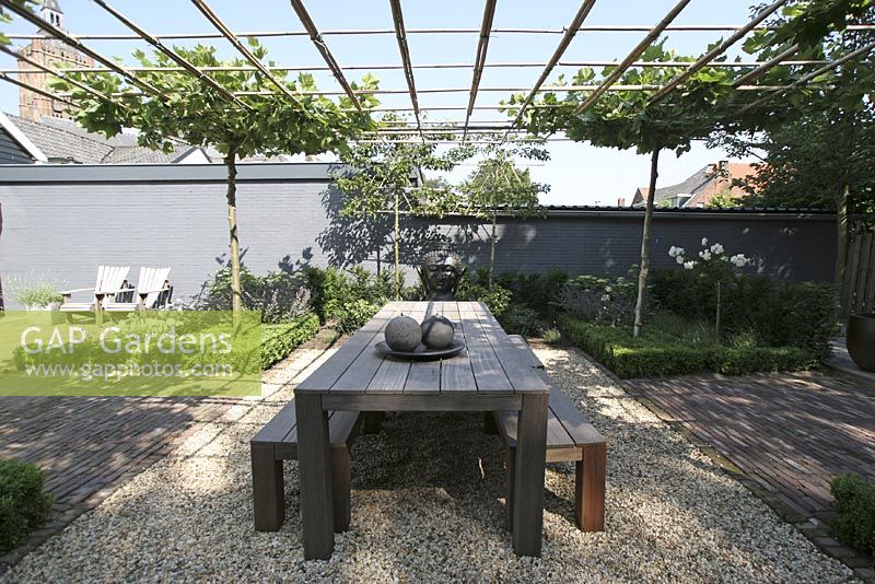 Urban meditation garden. Bamboo pergola with trained Platanus hispanica creates a roof over dining area. Buddha and candles on the table. Two Pyrus communis and Hydrangea 'Annabelle' near grey wall. 