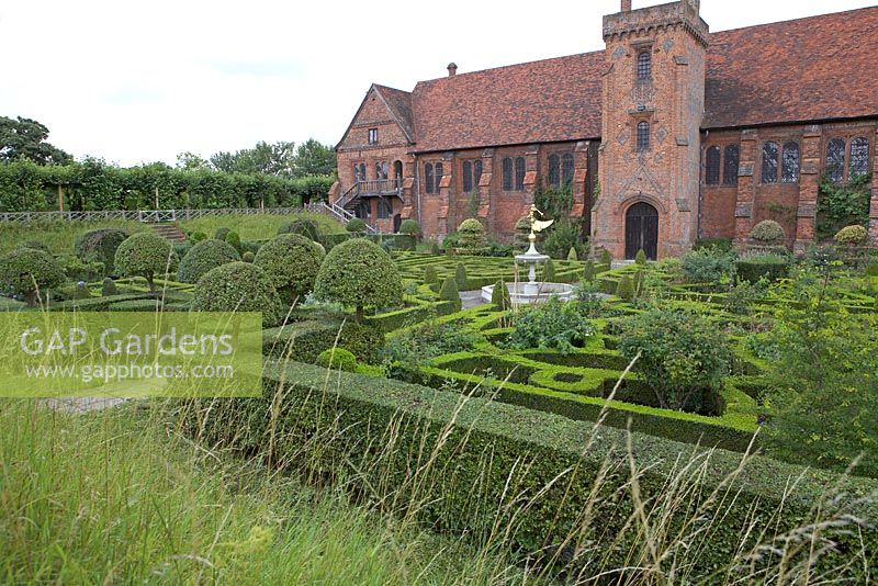 The Tudor Old Palace and Knot Garden at Hatfield House, where Elizabeth 1 spent much of her childhood.  Garden contains Buxus - Box and Crataegus - Hawthorn topiary.
