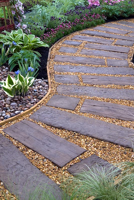 Curved path of reused railway sleepers and gravel - 'The Inside Out Garden', Silver Award Winner - Malvern Spring Show 2010