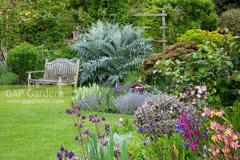 Cottage garden with bench near herbaceous borders