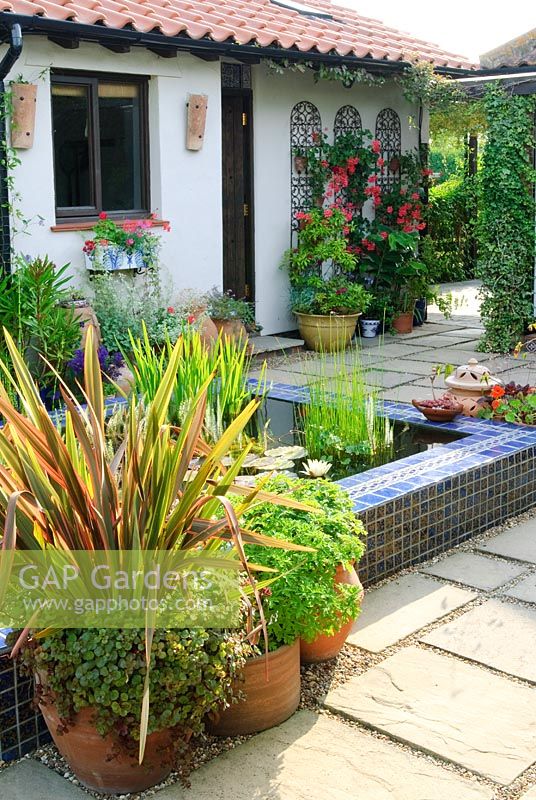 Paved courtyard with raised pool clad in blue glazed tiles. Phormium and scented Pelargonium - Geraniums in containers