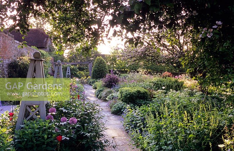 Late Spring borders with wooden obelisks and Tellmia, Allium giganteum, Lunaria - Honesty, Athyrium 'Ravenswing', Agastache and old Malus - Apple tree. Private garden, Sussex, May