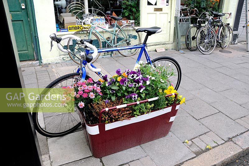 Bicycle chained to a Plantlock secure bike parking plant container filled with plants outside a bike shop in Hackney, North London. 