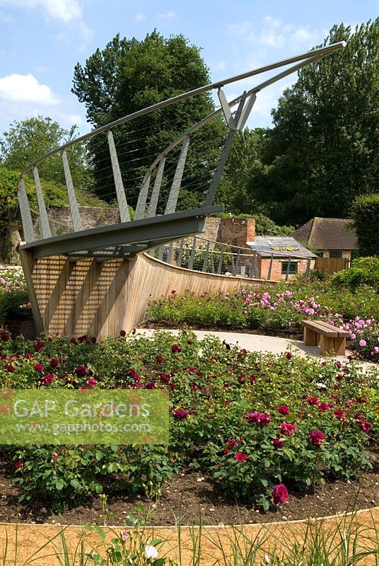 The new Rose Garden at The Savill Garden, Windsor Great Park, opened to the public on 14 June 2010, showing iconic elevated walkway for viewing rosebeds created in spiral form 