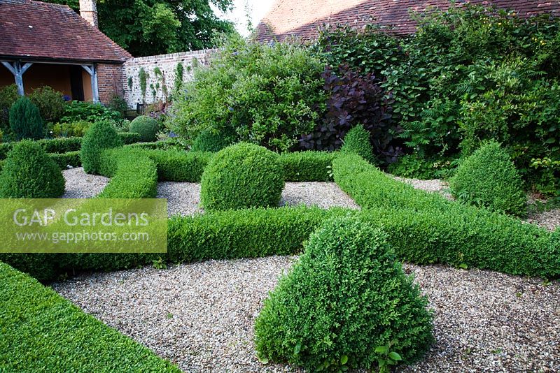 Formal Box parterre within walled garden - Rymans, Sussex