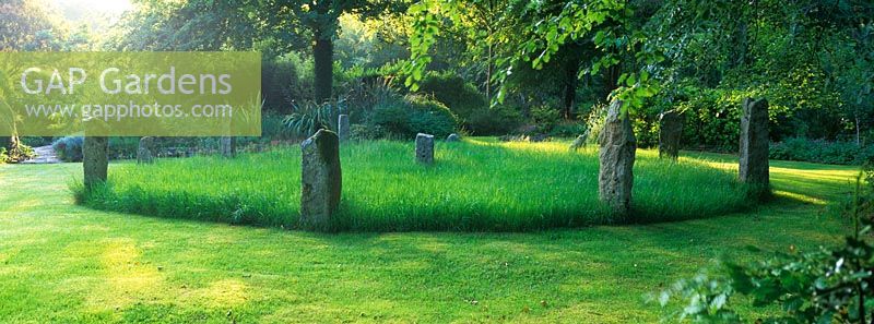 A granite standing stone circle in the Pinsla Lodge garden, Cornwall