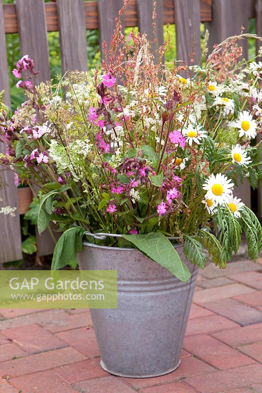 Bouqet of flowers in galvanised bucket 