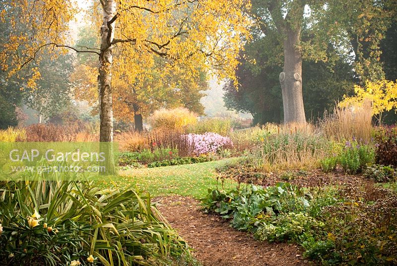 Autumn view of the Dell Garden in October, Bressingham Gardens, Norfolk