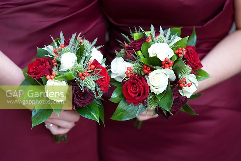 Wedding bouquets of red roses, white roses, Eryngium and berries held by bridesmaids