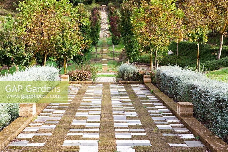 Patterned patio edged with low hedges. The Field. Il Bosco Della Ragnaia, San Giovanni D'Asso, Tuscany, Italy, October.  