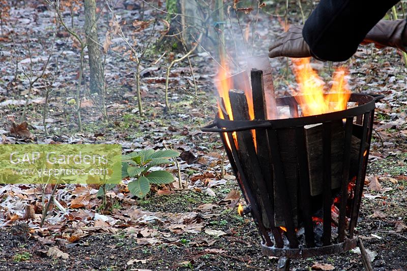 Person warming hands near metal fire basket