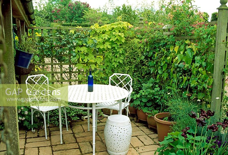 Secluded dining area surrounded by trellis and climbers. Fovant Hut Garden, Wilts