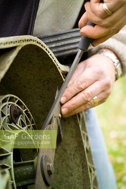 Sharpening the blades of a lawn mower with a metal file