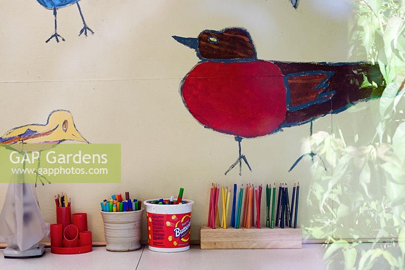 Decorative birds mural in classroom through window - Palatine Primary School, Worthing