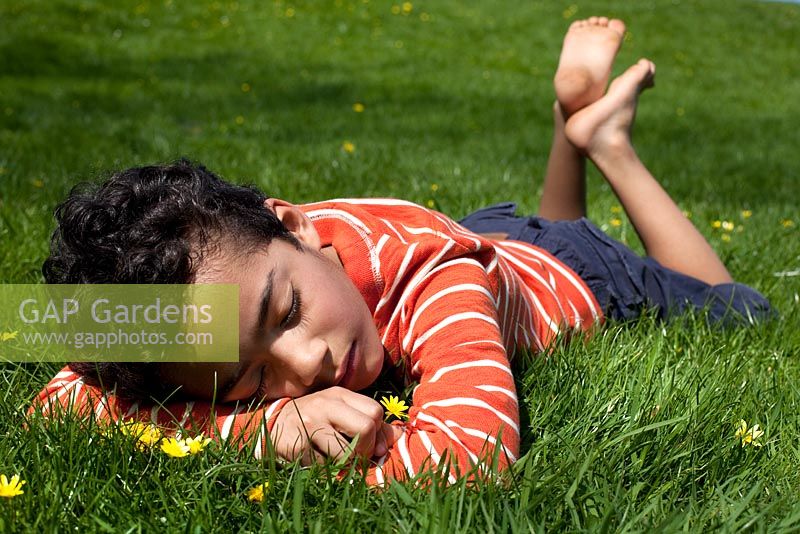 Boy asleep on grass