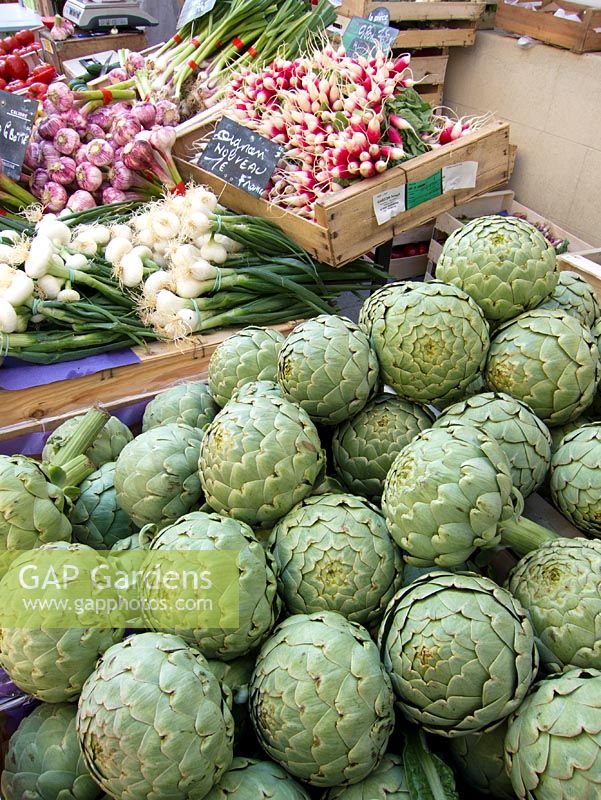 Artichokes and vegetables in street market stall, France.