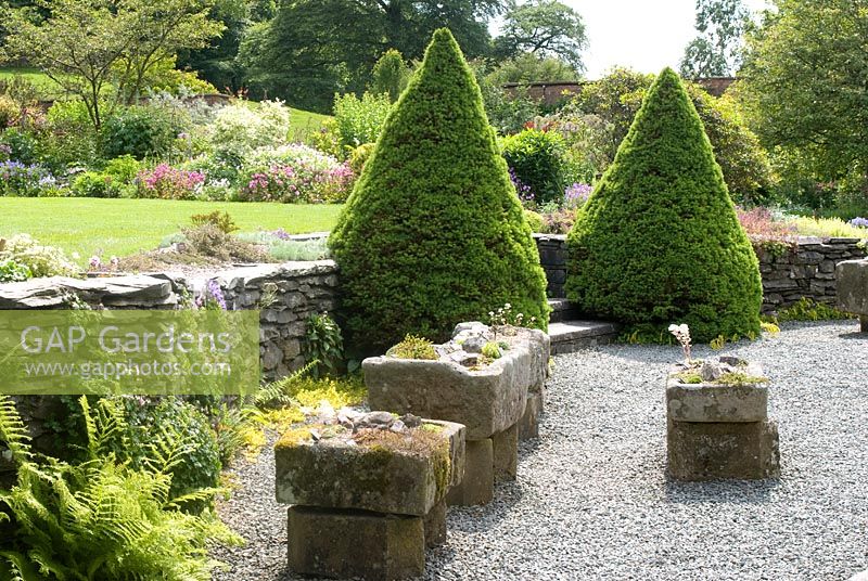 Large stone troughs planted with alpines and Picea glauca var. albertina 'Conica' at Holehird Gardens, Cumbria

