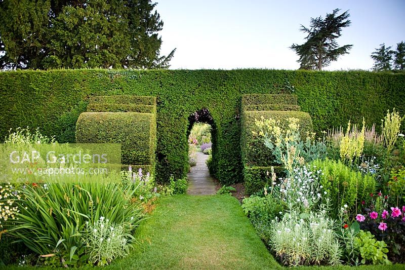 Pathway through a clipped Taxus - Yew hedge flanked by Yew finials. Designed by Rowland Egerton-Warburton and planted in 1856 - Arley Hall, Cheshire